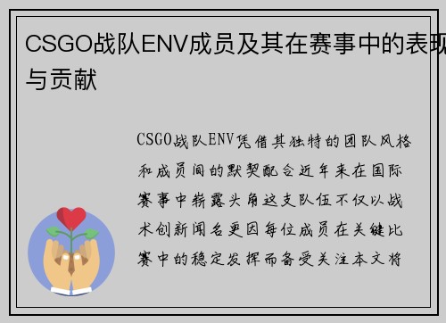 CSGO战队ENV成员及其在赛事中的表现与贡献