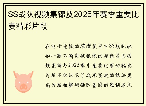 SS战队视频集锦及2025年赛季重要比赛精彩片段